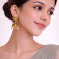 Golden Lotus Pearl Drop Jhumka Earrings