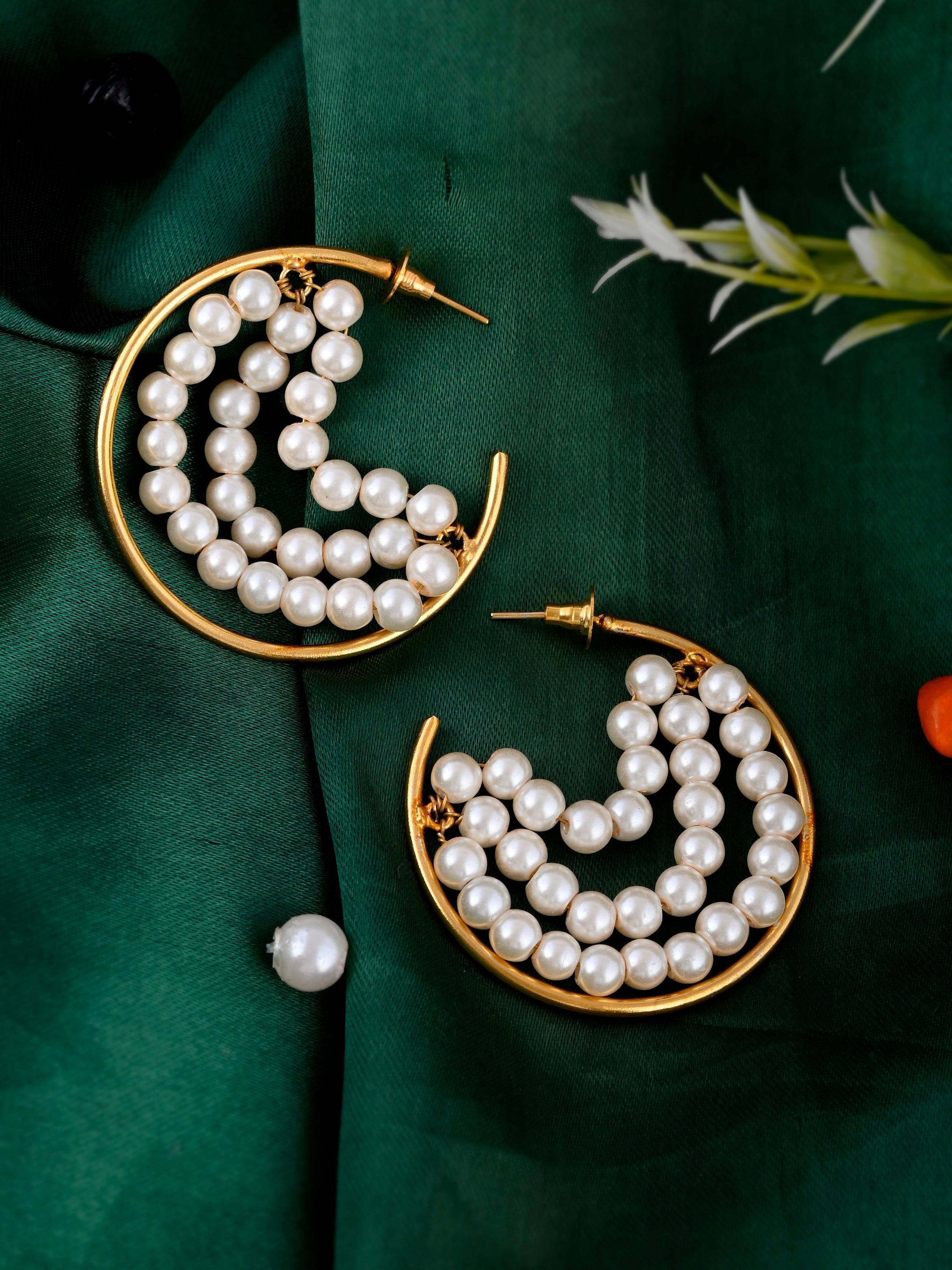 Gold Plated Pearl Beads Half Hoop Earring