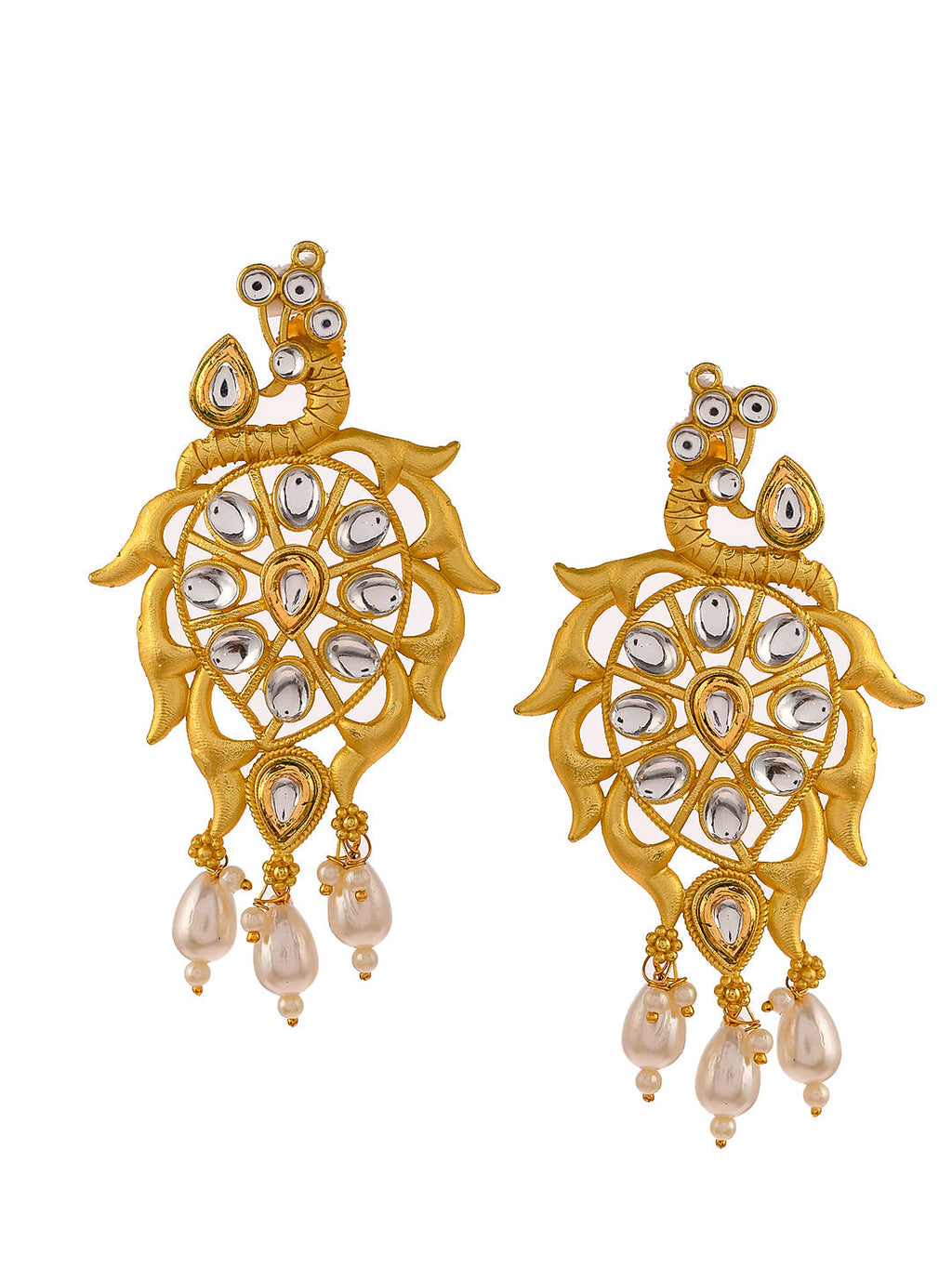 Gold Plated Peacock Kundan Enamalled Drop Earrings for women