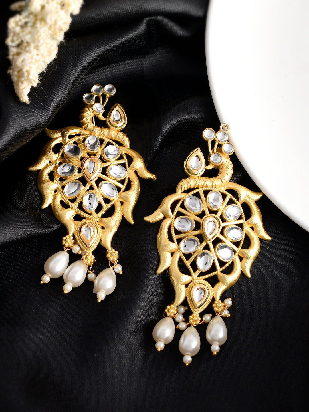 Gold Plated Peacock Kundan Enamalled Drop Earrings for women