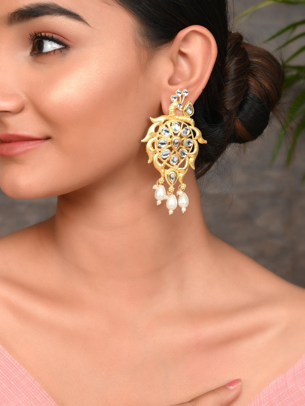 Gold Plated Peacock Kundan Enamalled Drop Earrings for women