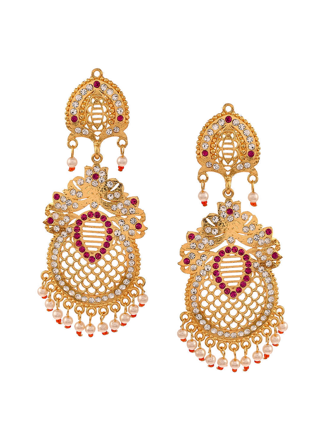 Gold Plated Ethnic Long Handcrafted Cubic Zirconia Dangle Earrings