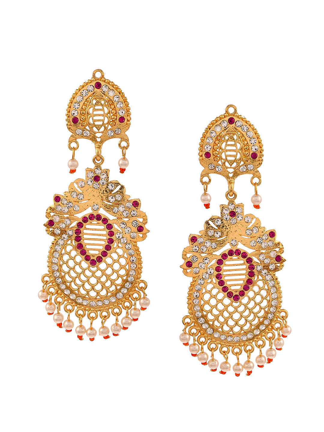 Gold Plated Ethnic Long Handcrafted Cubic Zirconia Dangle Earrings