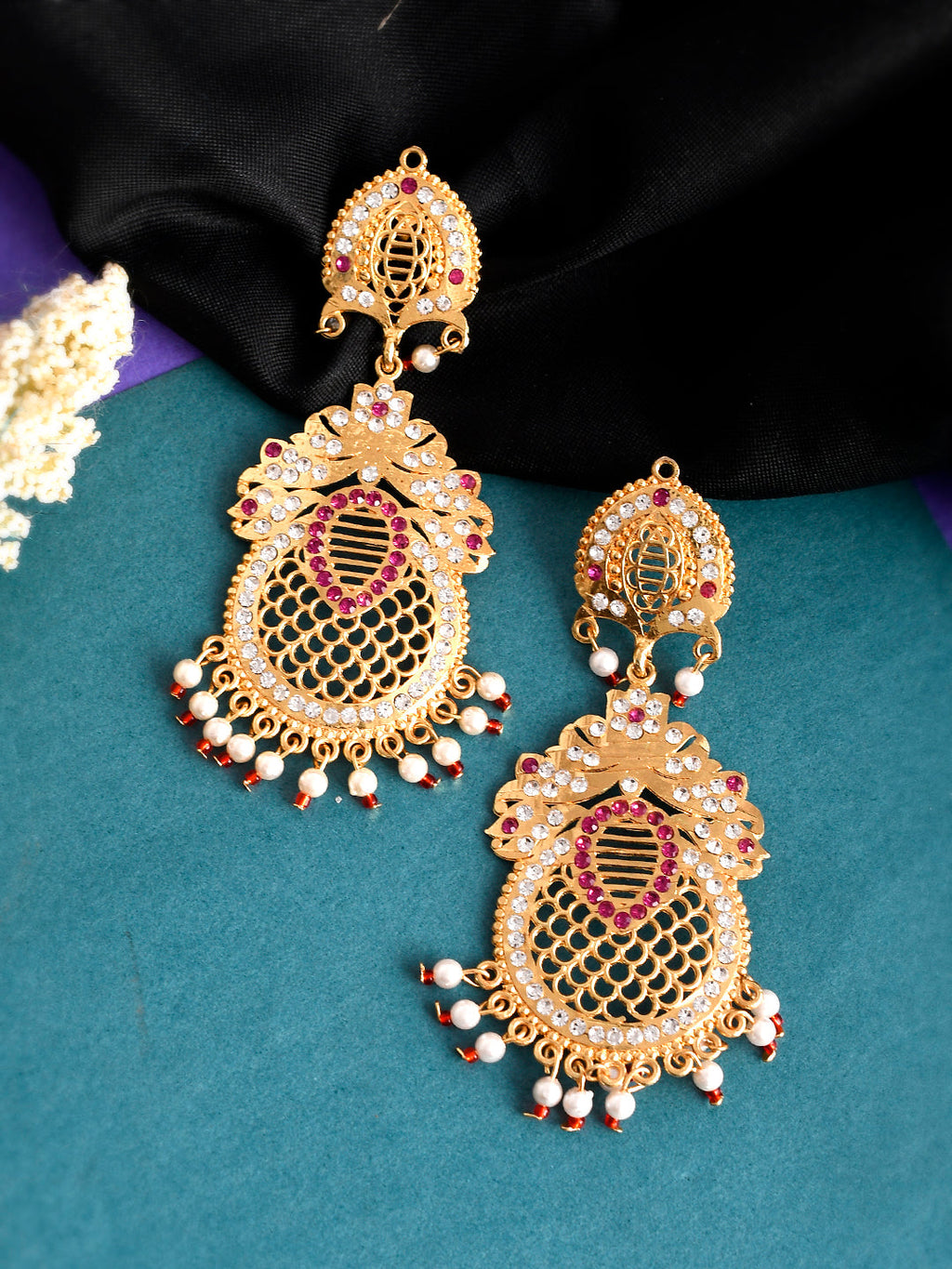Gold Plated Ethnic Long Handcrafted Cubic Zirconia Dangle Earrings