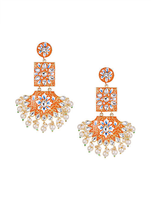 Gold Plated Circular Studded Long Chandbali Enamelled Drop Earrings