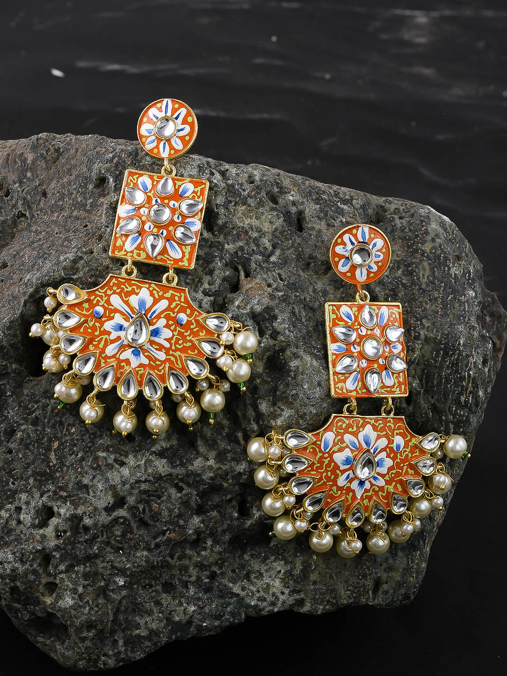 Gold Plated Circular Studded Long Chandbali Enamelled Drop Earrings