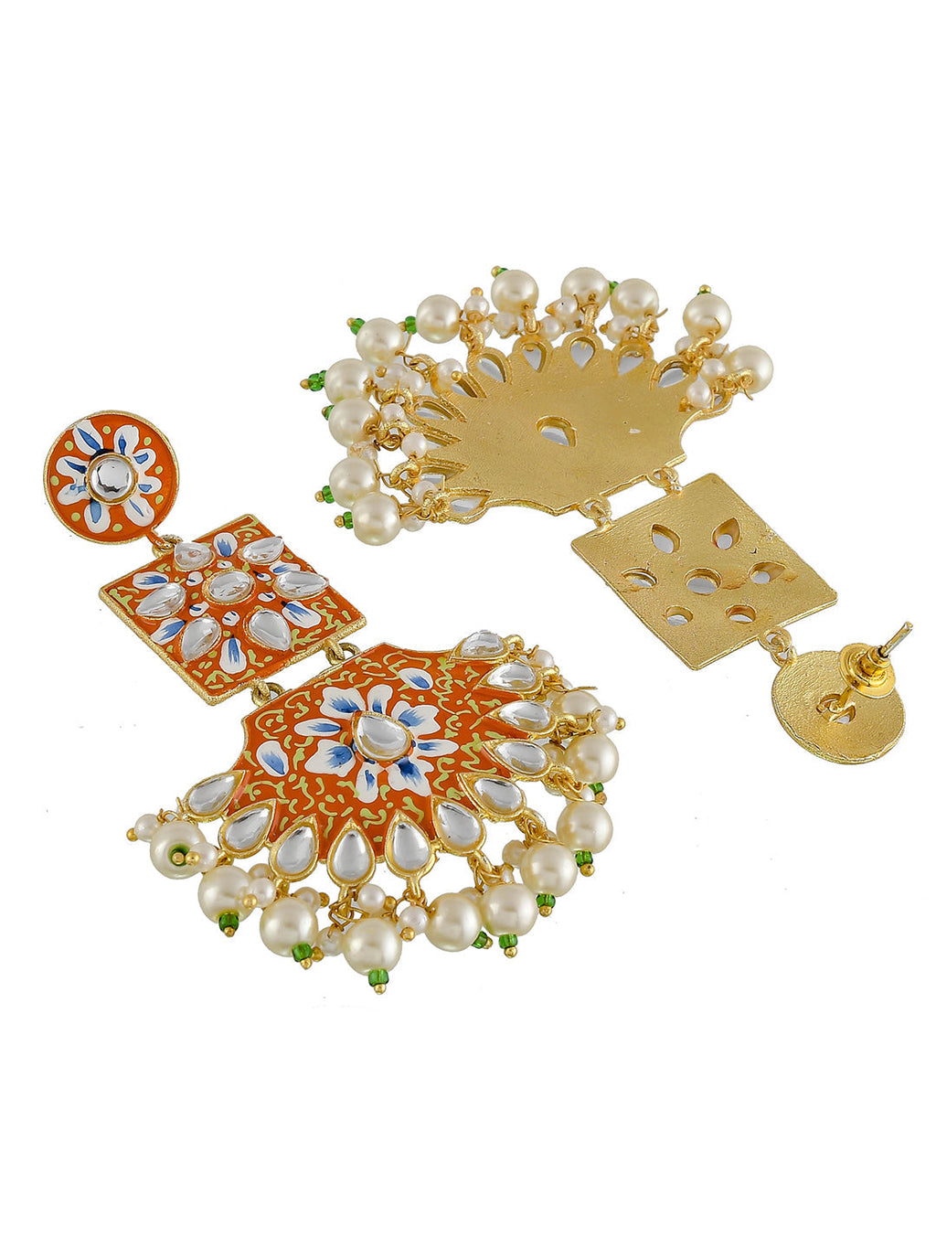 Gold Plated Circular Studded Long Chandbali Enamelled Drop Earrings