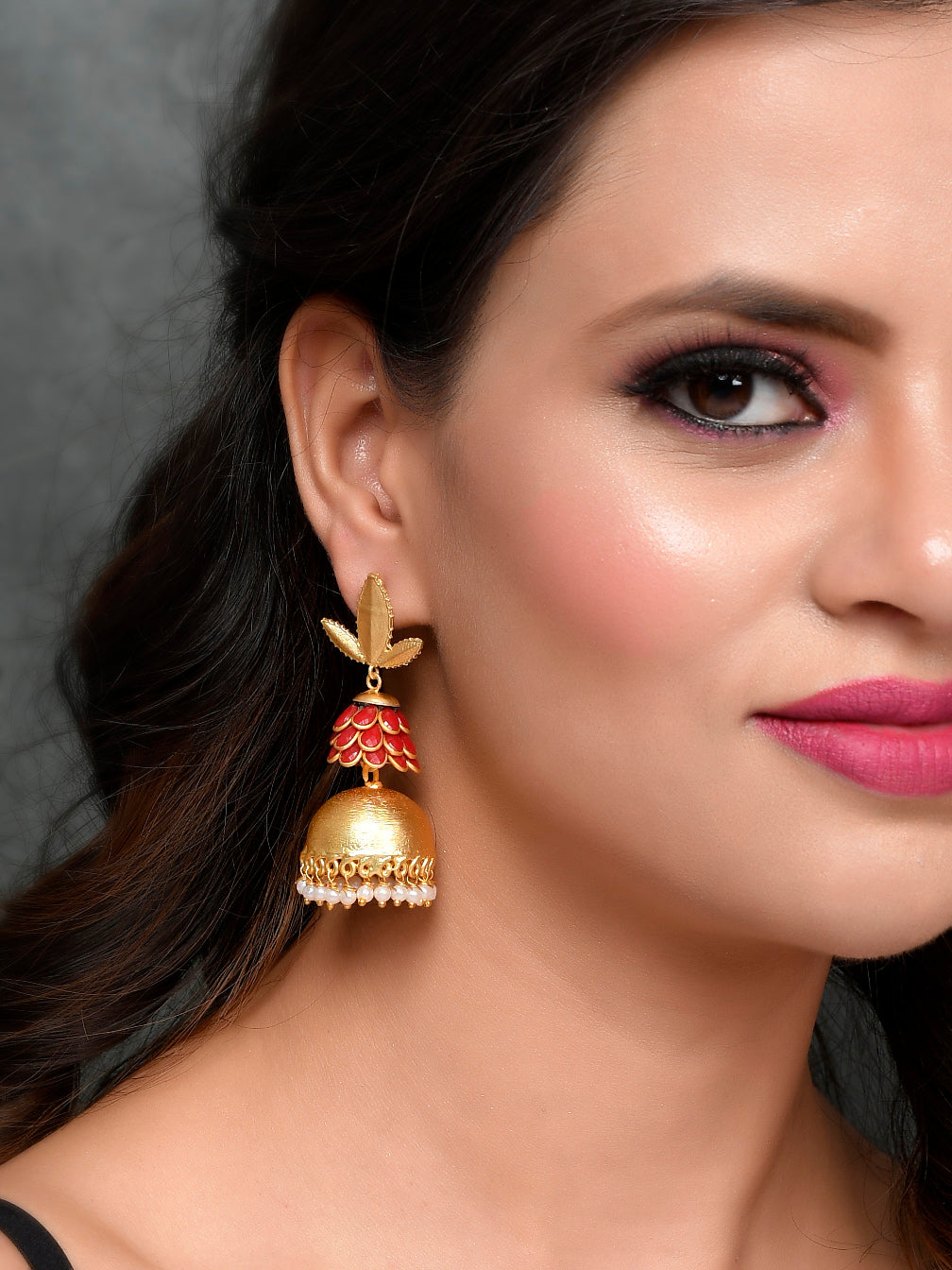 Gold Plated orange Pacchi Jhumka Earrings
